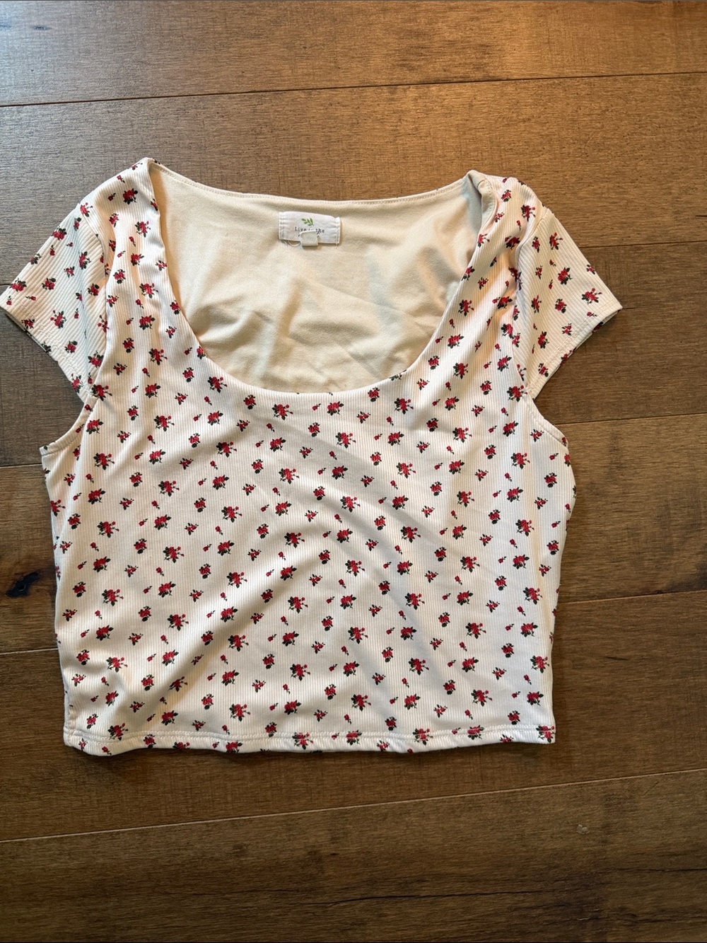 🎉Scoop-Neck Floral Ribbed Crop Top in Cream with Red Print